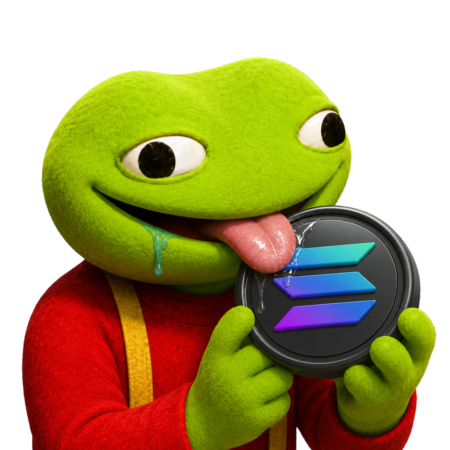 The TUD frog mascot licking a Solana coin